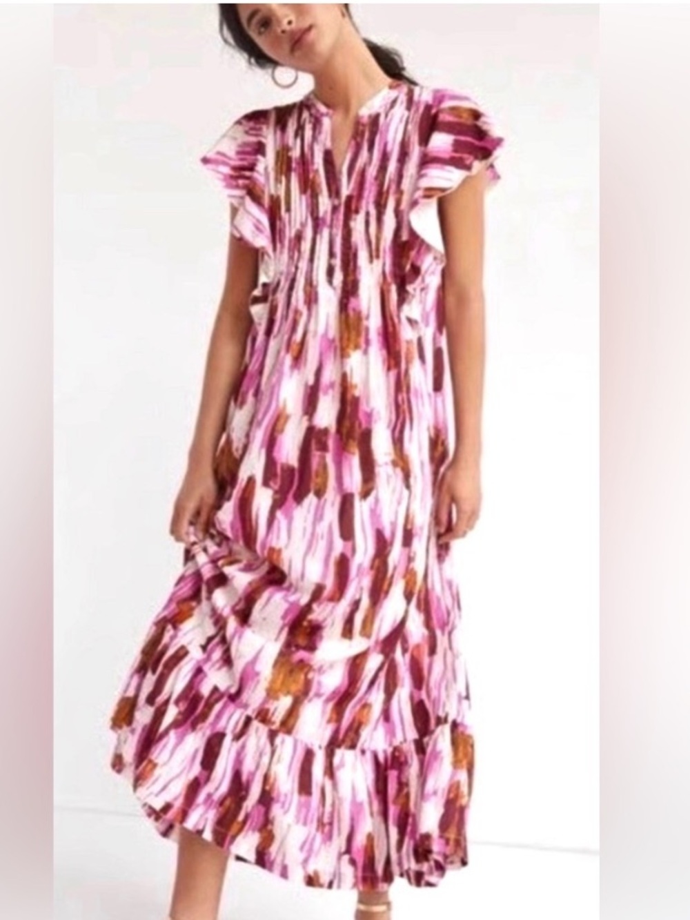 New Anthropologie Maeve Cassandra Pink Orange Abstract Ruffle Maxi Shirt Dress S